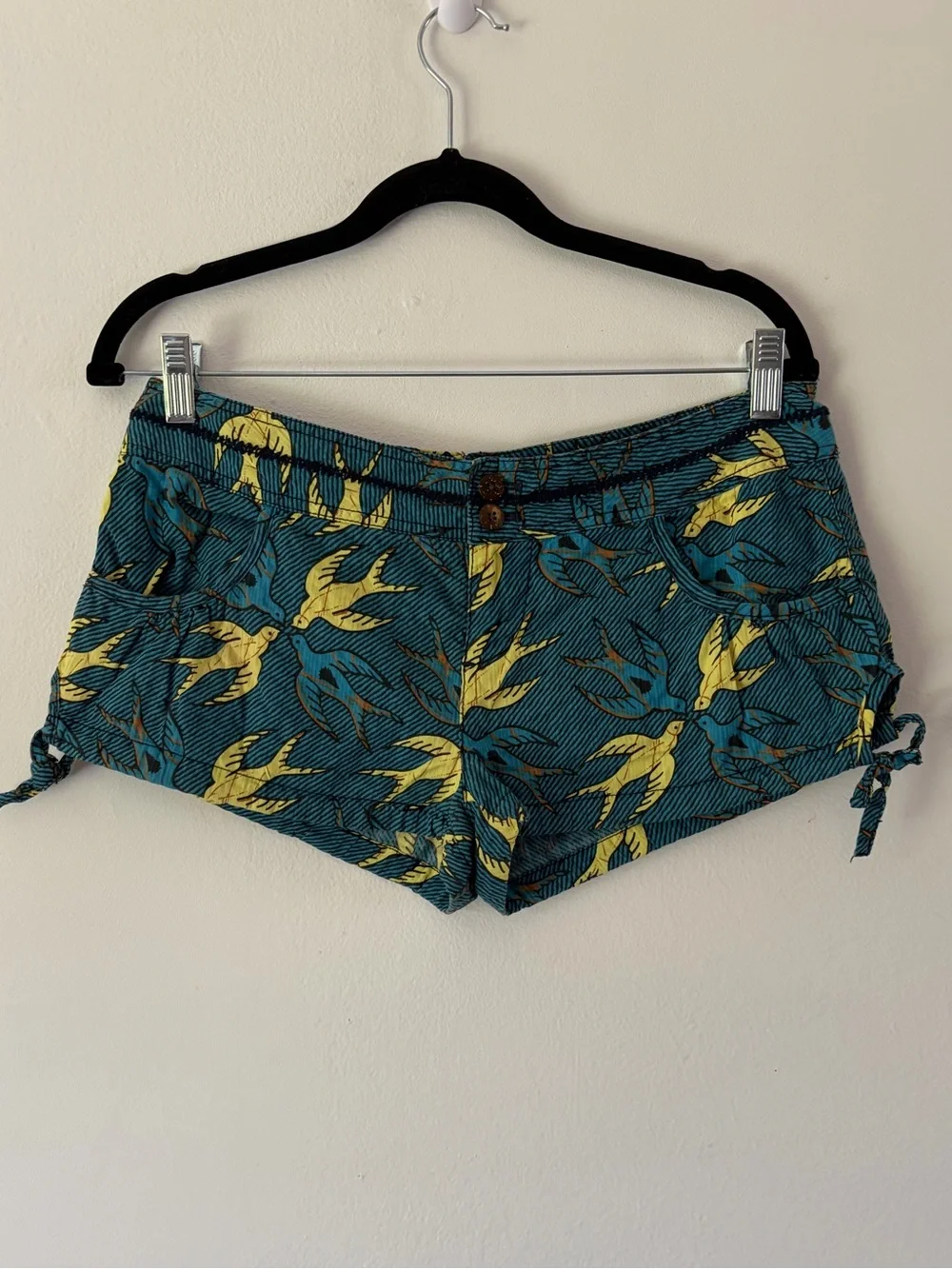 Free People Bird Print Side Tie Blue & Yellow Micro Mini Shorts Size 8